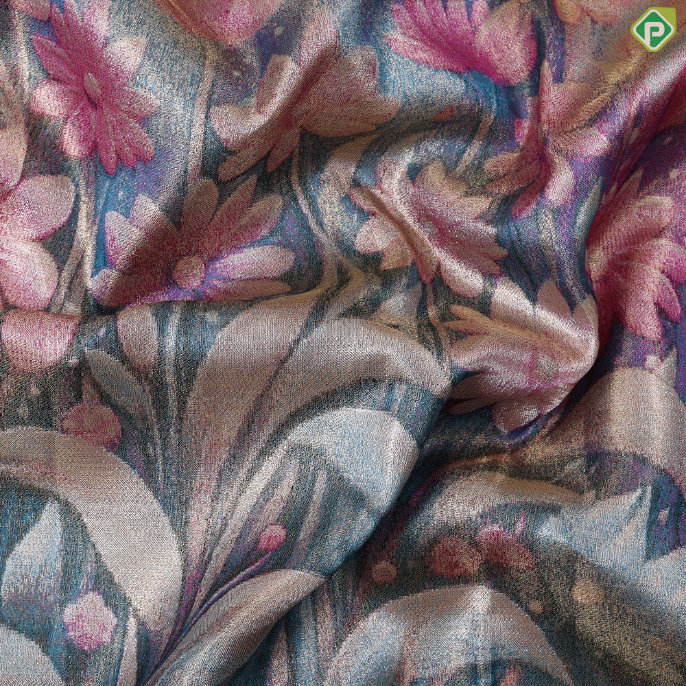 Multi colour silver zari by zari big flowers weaved design peach pink plain border bridal tissue silk saree