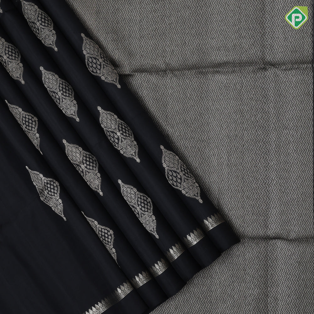 Black silver gold zari classis art symbol butta self silver gold zari rangoli divided plain border soft silk saree