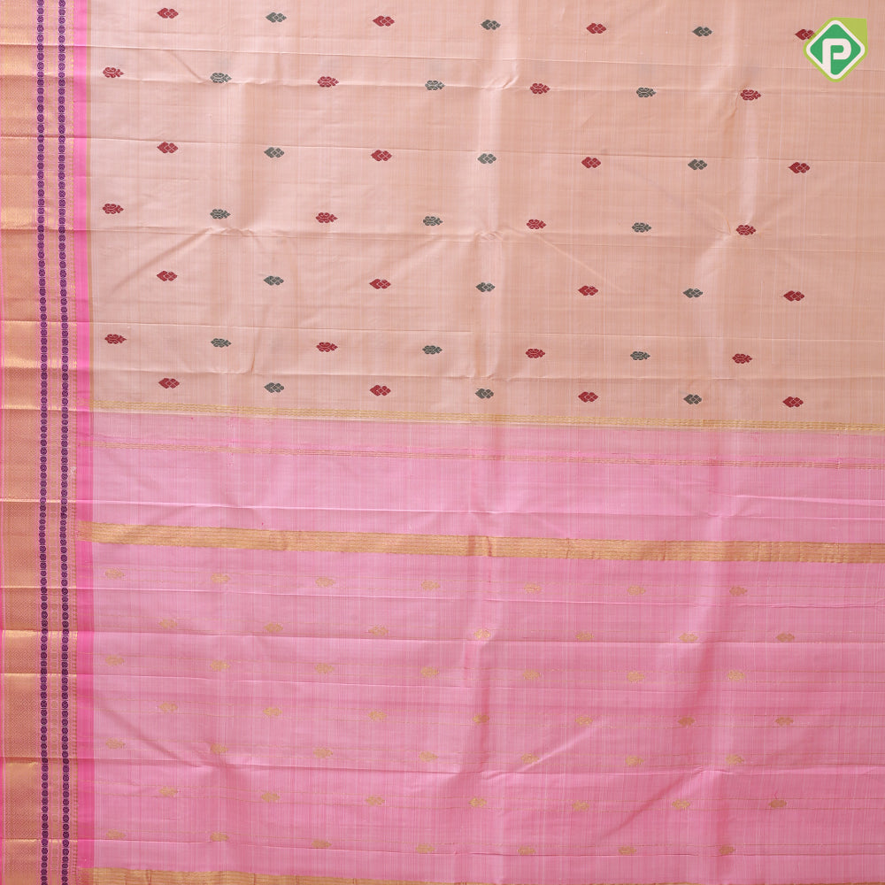 peach multi color silk thread fancy butta rose pink gold zari one side border silk saree