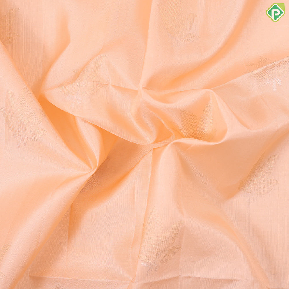 peach with colorful lotus butta design self color gold zari plain border soft silk saree