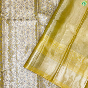 Lemon Yellow Silver And Neem Zari Creeper Design Self Colour Bavanji Rangoli Border Grand Tissue Silk Saree