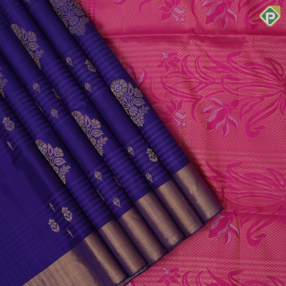 Purple blue gold zari flower bunch design contrast pallu and gold zari border soft silk saree