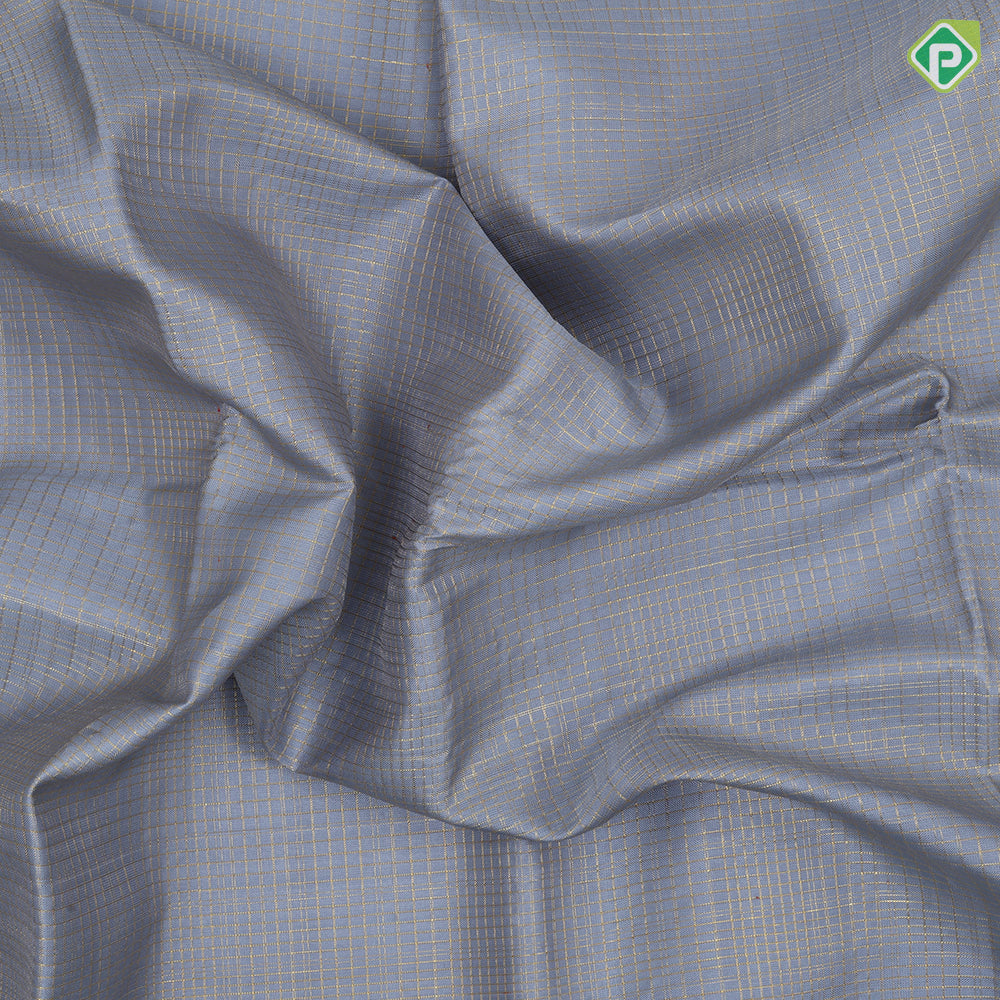 Blueish grey gold zari vairaoosi checks design self silver gold zari banaras style border fusion silk saree