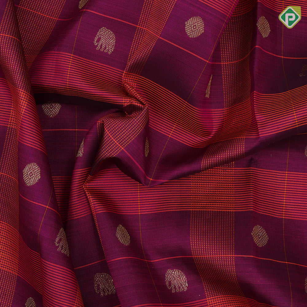 Purple pink base orange combo gold zari elephant chakkaram butta self god zari rettapet border traditional silk saree