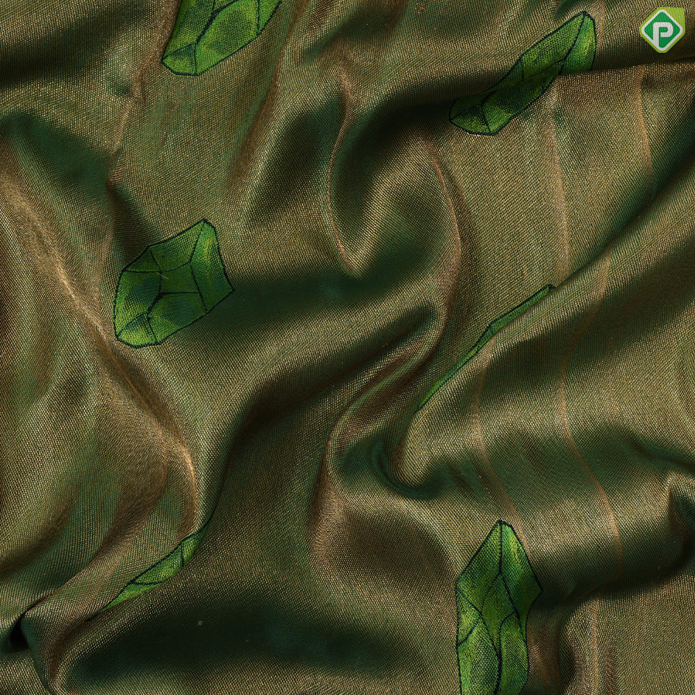 Olive green gold zari tissue weaved emerald silk butta design pink gold zari diamond border trendy tissue silk saree