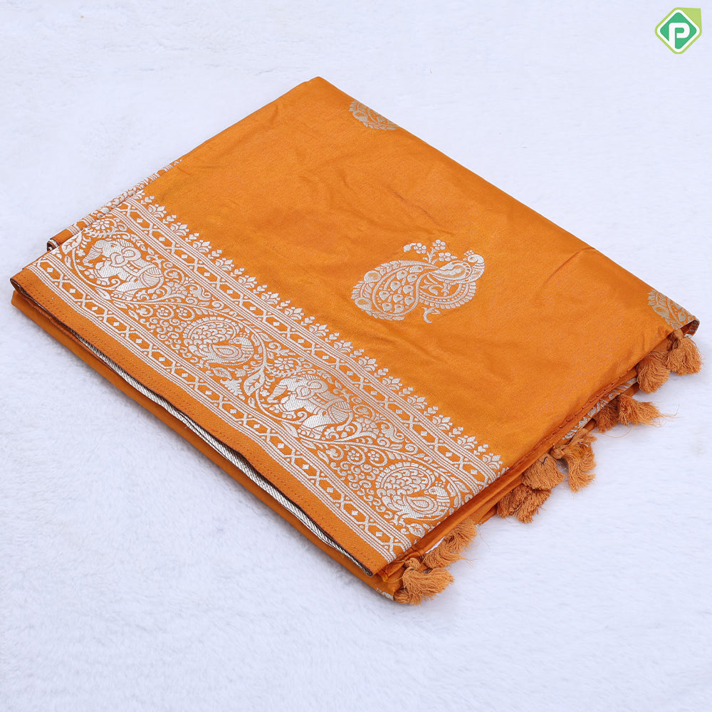 Orange silver zari peacock butta design banaras self rangoli border fancy chiffon saree