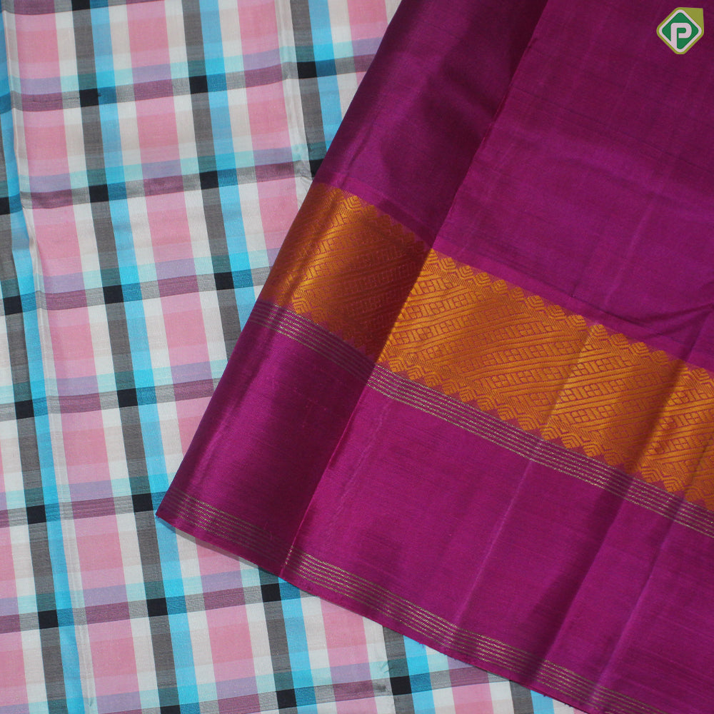 Multi Color Checked Gold Zari With Pink Vaira Oosi Lines Border Traditional Silk Saree