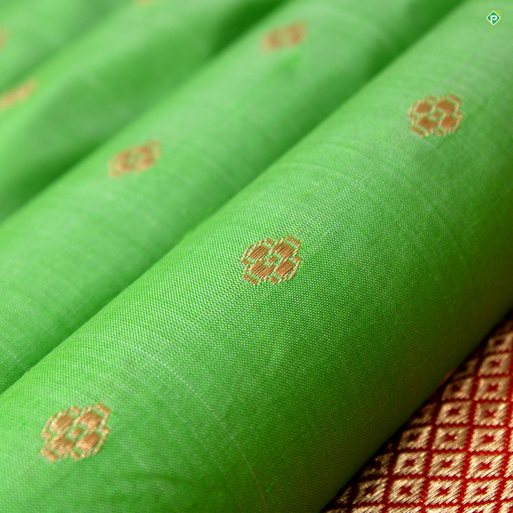 Pista Green With Chilly Red Colour Small Flower Motifs Pure  Banarasi Silks Saree