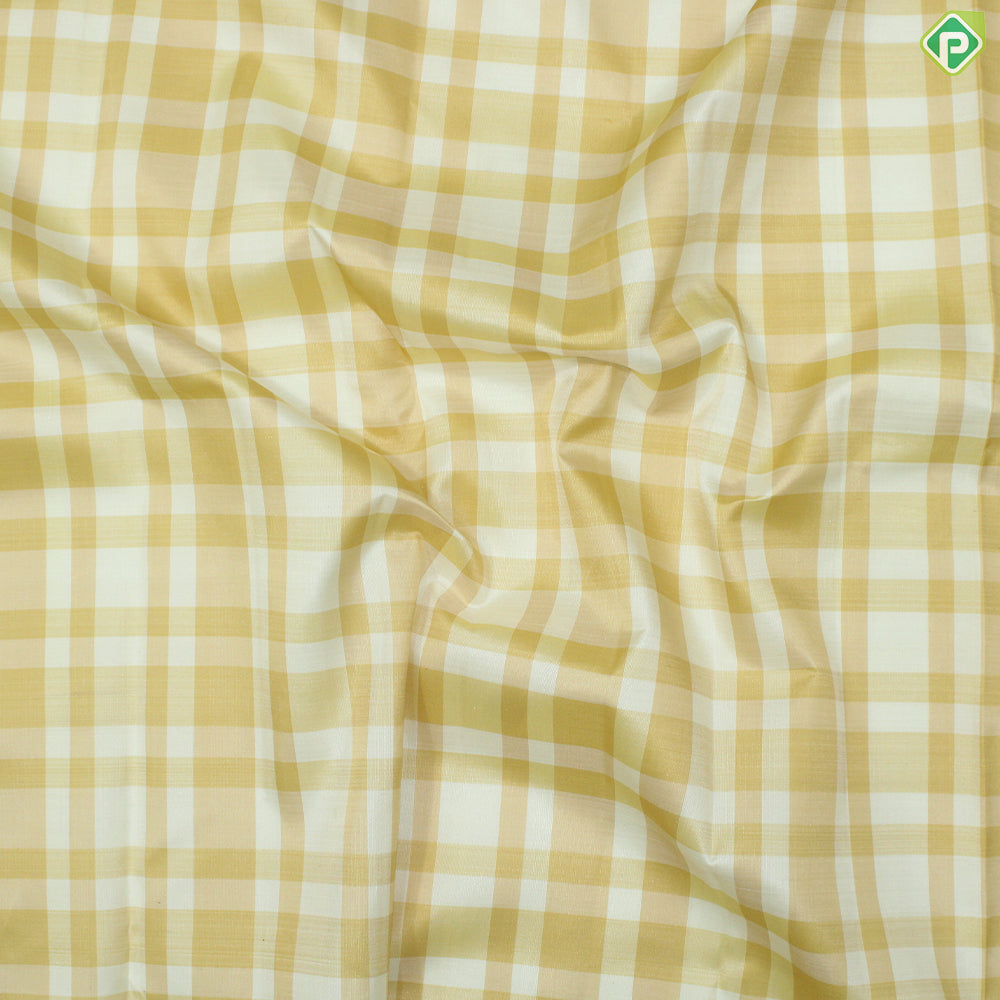 Mustard Cream White Checked With Chocolate Brown Thread And Gold Zari Border Traditional Silk Saree