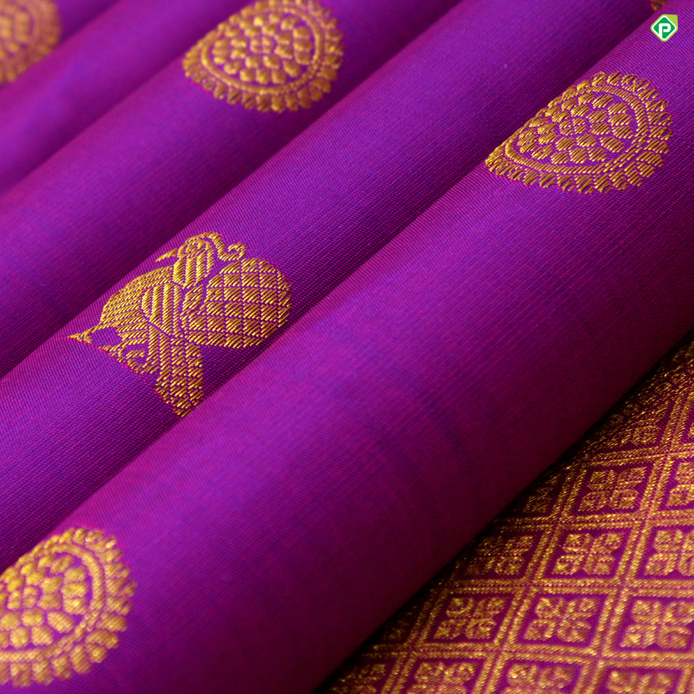 Purple Colour Peacock And Chakra Turning Border Motifs Traditional Silks Saree