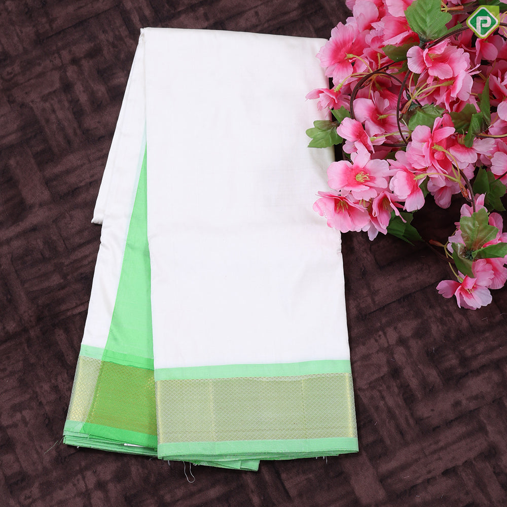 Cream White Light green Gold Zari 120 Kuligai Mayikan Border Vest Dhoti Shirt Set