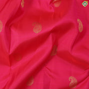 Rani pink gold zari mango butta motifs peach with gold zari silk thread lines border traditional silk saree