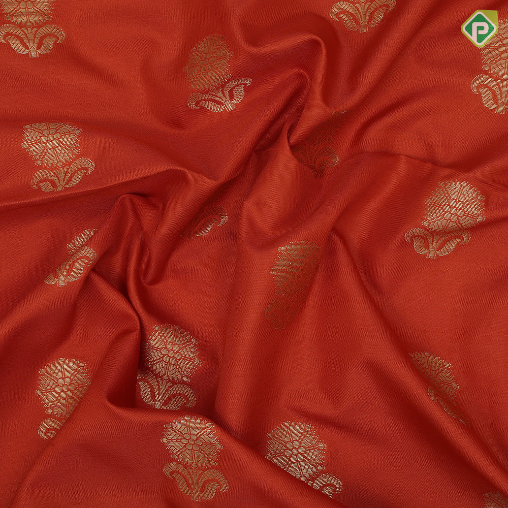 Rust Orange Gold Zari Butta Design Brown Floral Border Design Soft Art Saree