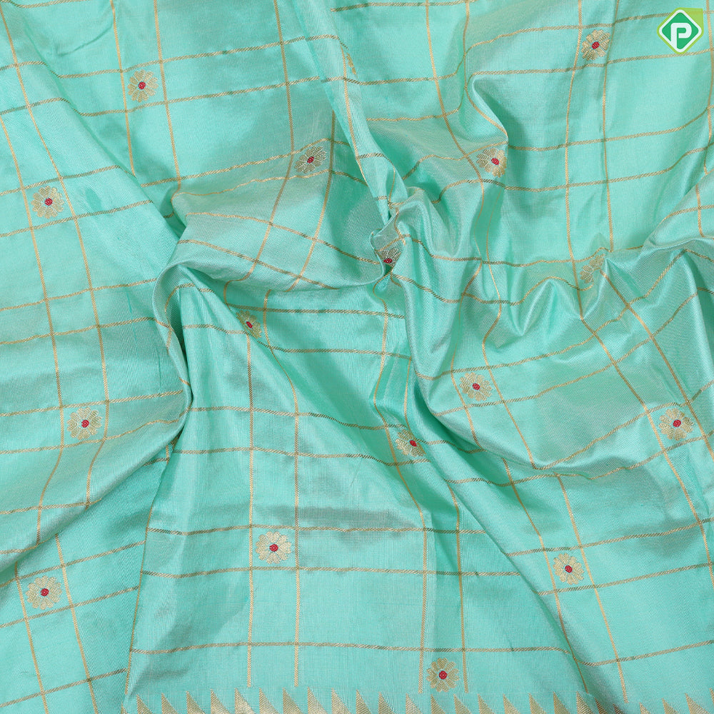 Pista green gold zari double checkered design orange pythonic border banaras silk saree
