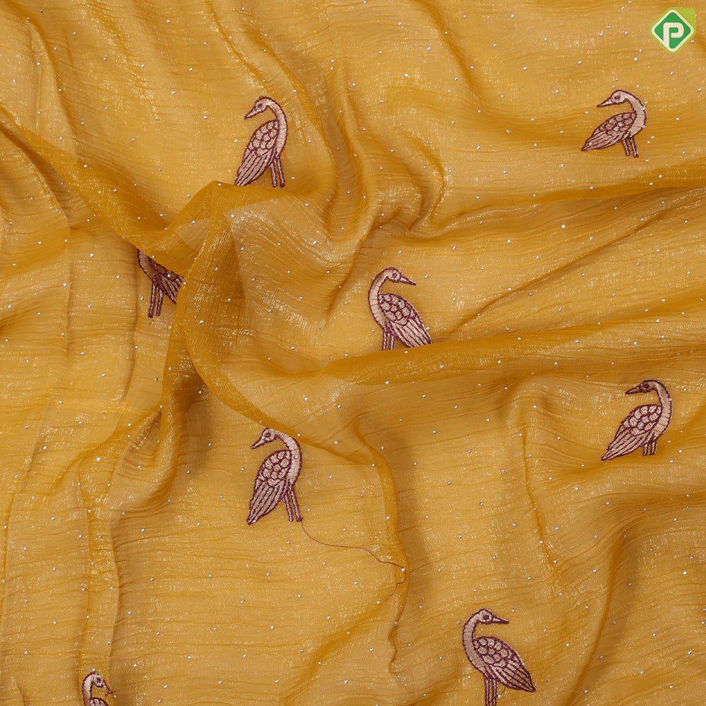 Mustard yellow tissue effect flamingo butta embroidered design multi color cut work border hollywood fancy saree