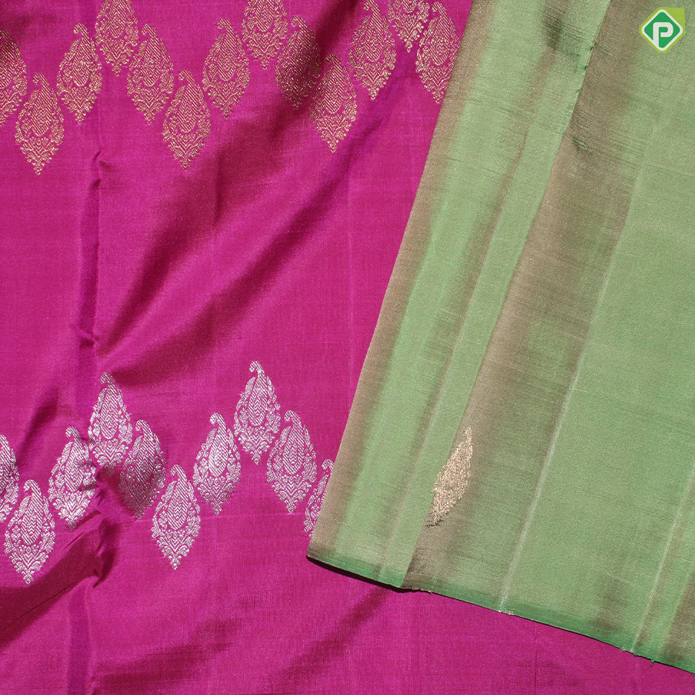 Magenta With Silver And Gold Zari Waves Butta Design Borderless Trendy Designer Silk Saree