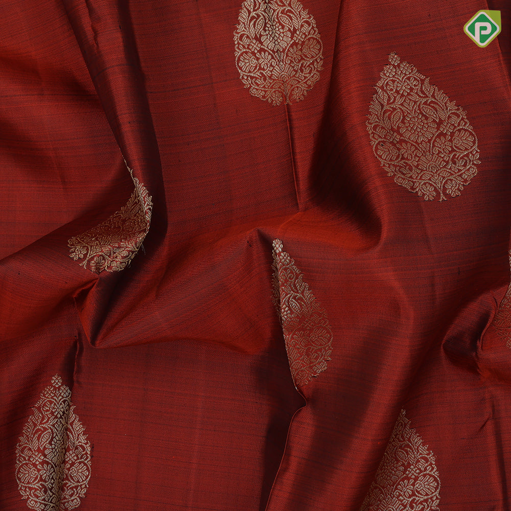 Rust Orange Gold Zari Thilagam Butta Design Coffee Brown Mango Charagam Border Design Traditional Silk Saree