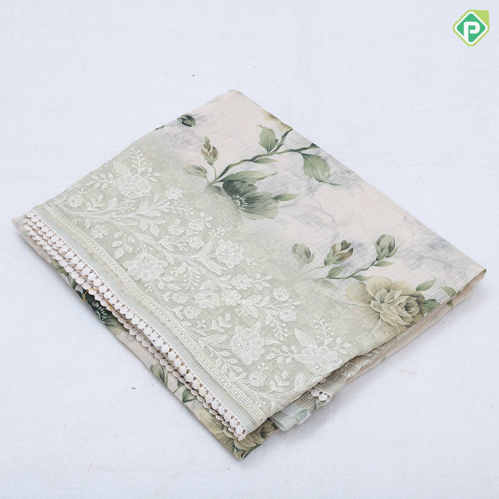 white base digital floral printed design embroidered cut work border fancy cotton saree