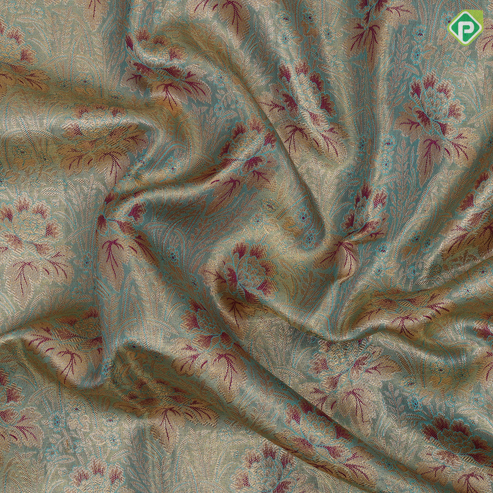 Sea green gold zari fancy floral meena work design Purple gold zari marriage scene design border tissue silk saree