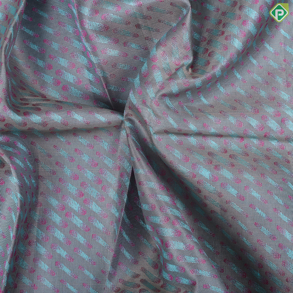 Marble blue pink combined cross bars design pink copper zari rangoli border trendy silk saree