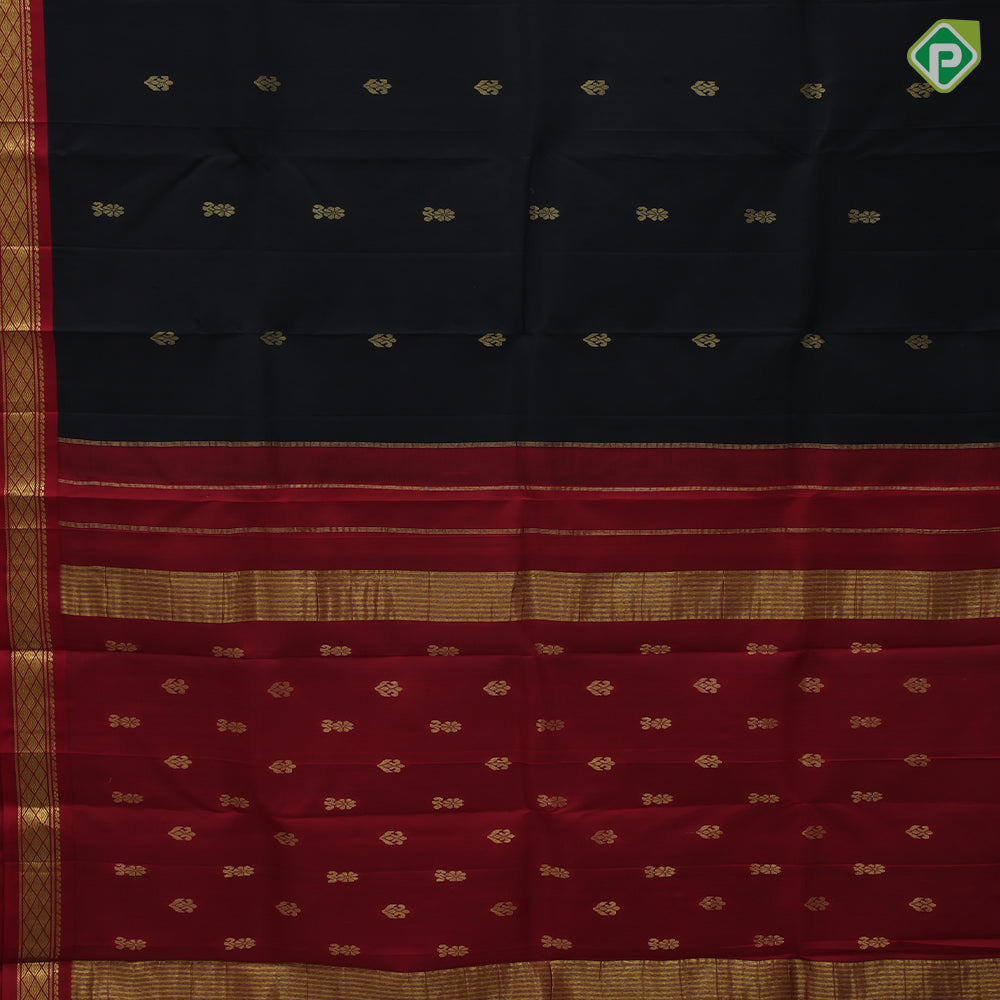 Black gold zari fancy flower butta body design Rani red gold zari diamond border one side silk saree