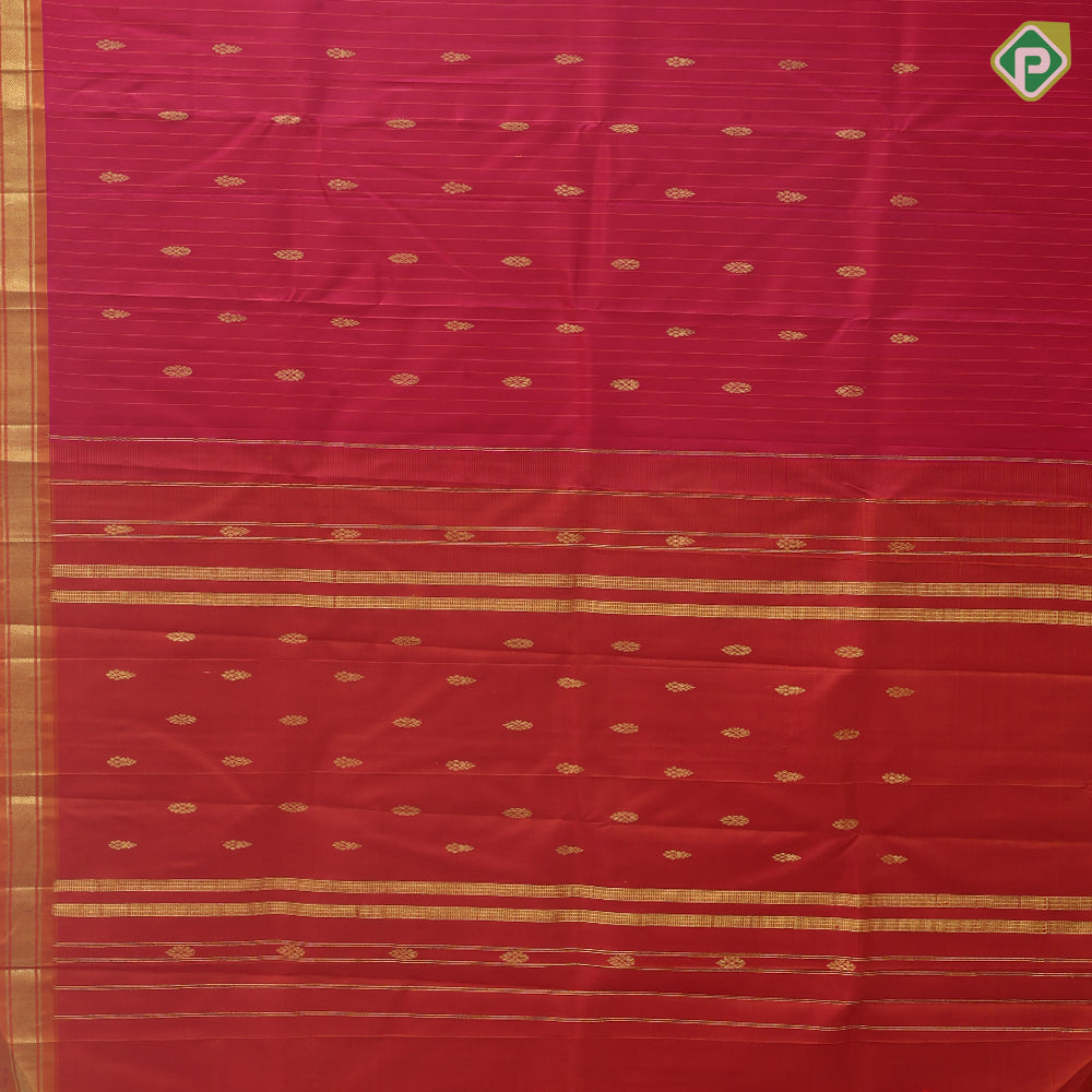 Rose red gold zari flower butta self checks Self gold zari edge one side border silk saree