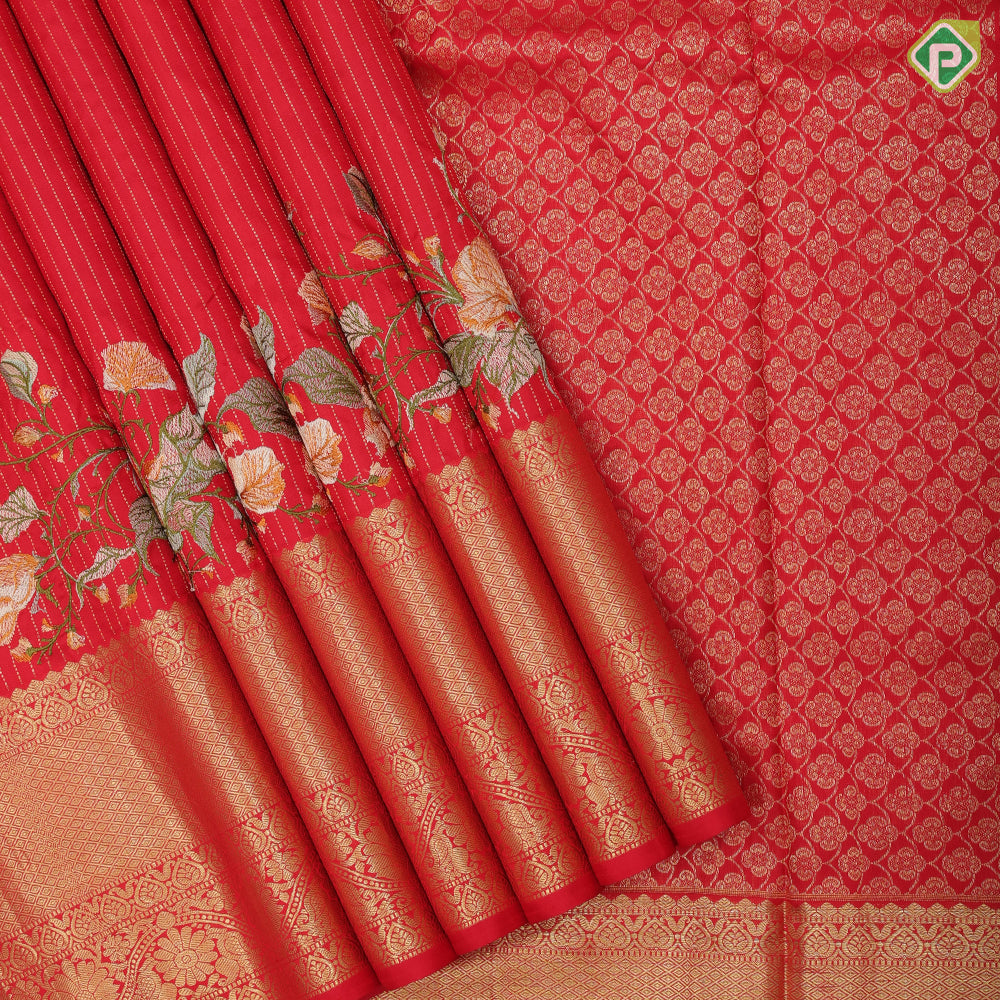 Chilly red silver gold zari stipes and four side floral embroidered self silver gold zari zig zag line border embroidery silk saree