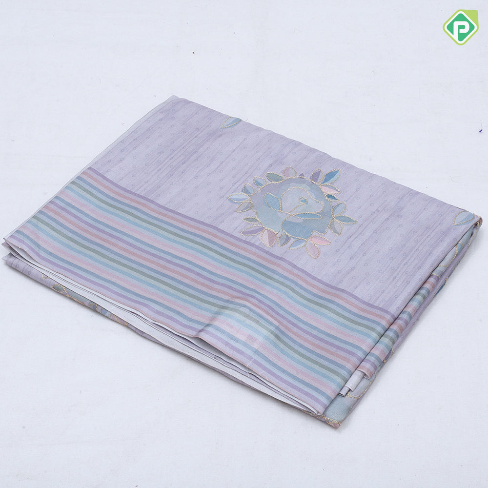 Pastel natural color zari flower design multi color line border semi tusser saree