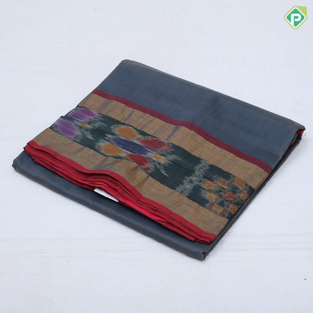 Darker Shade plain body design contrast zari padded ikkat border 10 yards silk cotton saree