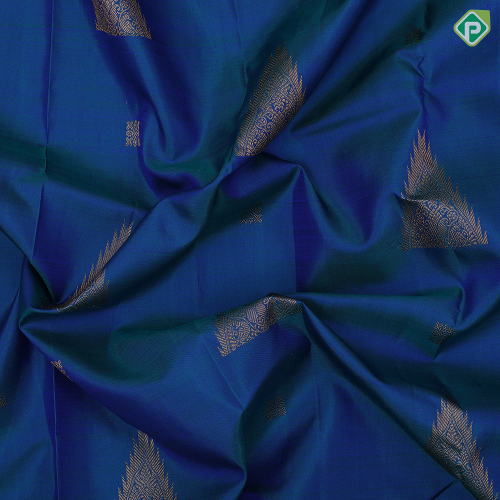 Peacock blue gold zari fancy tower butta self gold zari rettapet border traditional silk saree