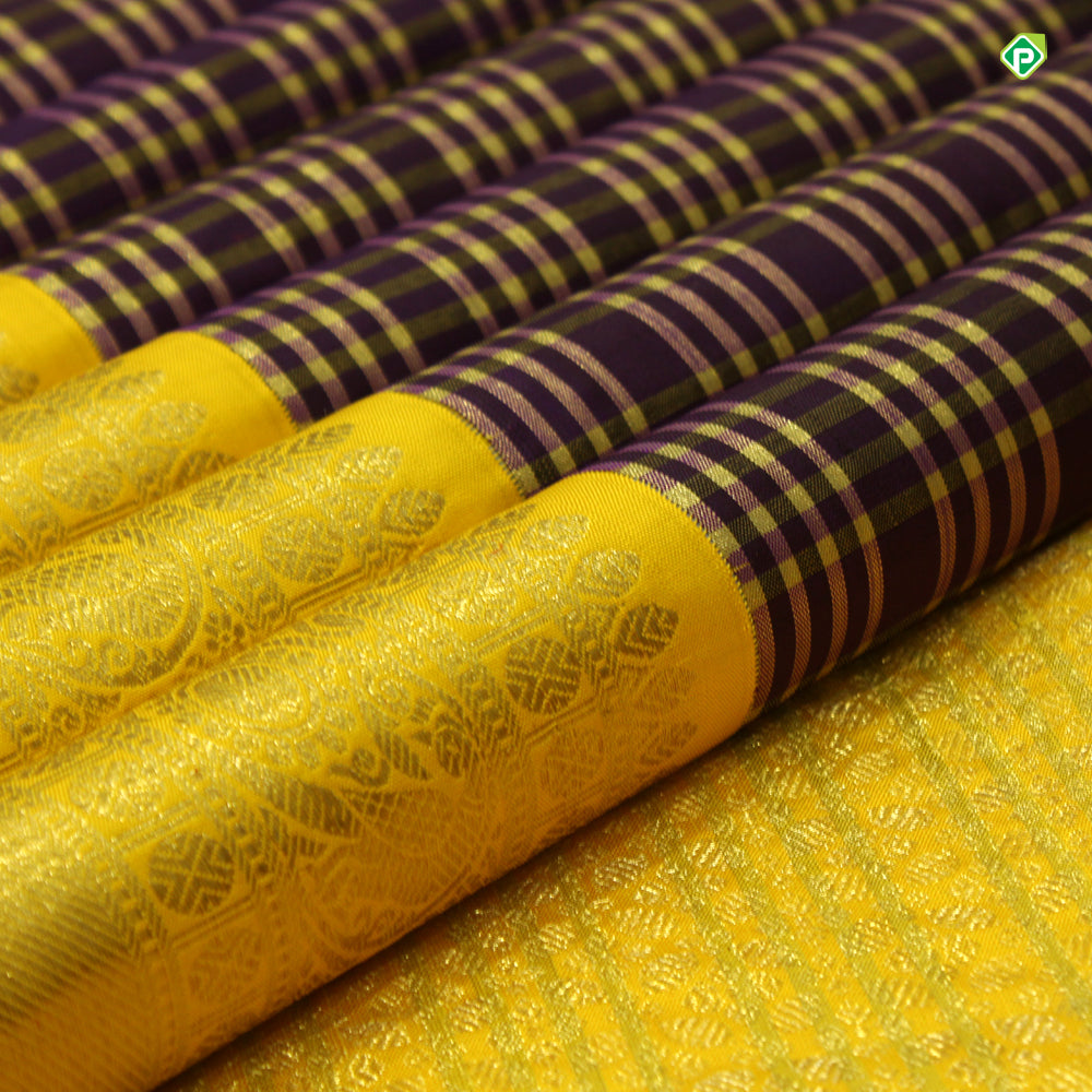 Fandango Violet With Corn Yellow Cross Zari Checks Bridal Silks Saree