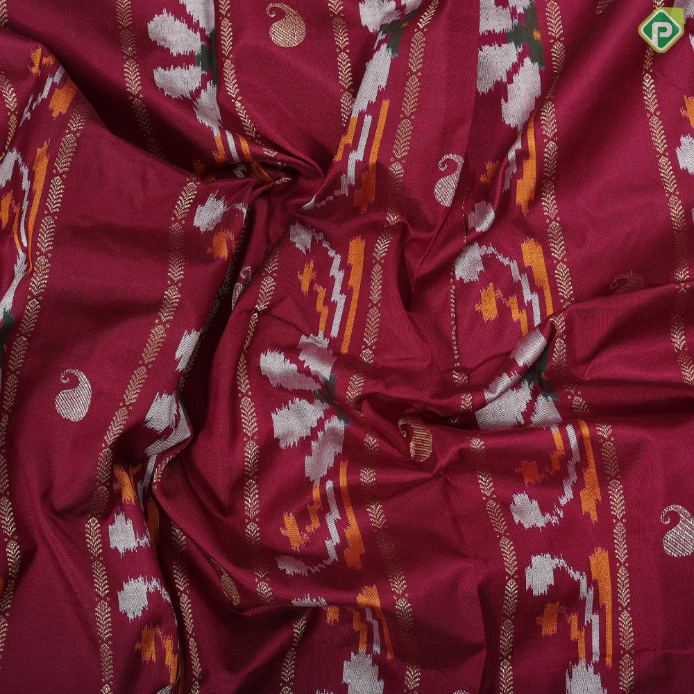 Rani pink gold zari mango and stripes ikkat design self gold zari peacock butta border ikkat silk saree