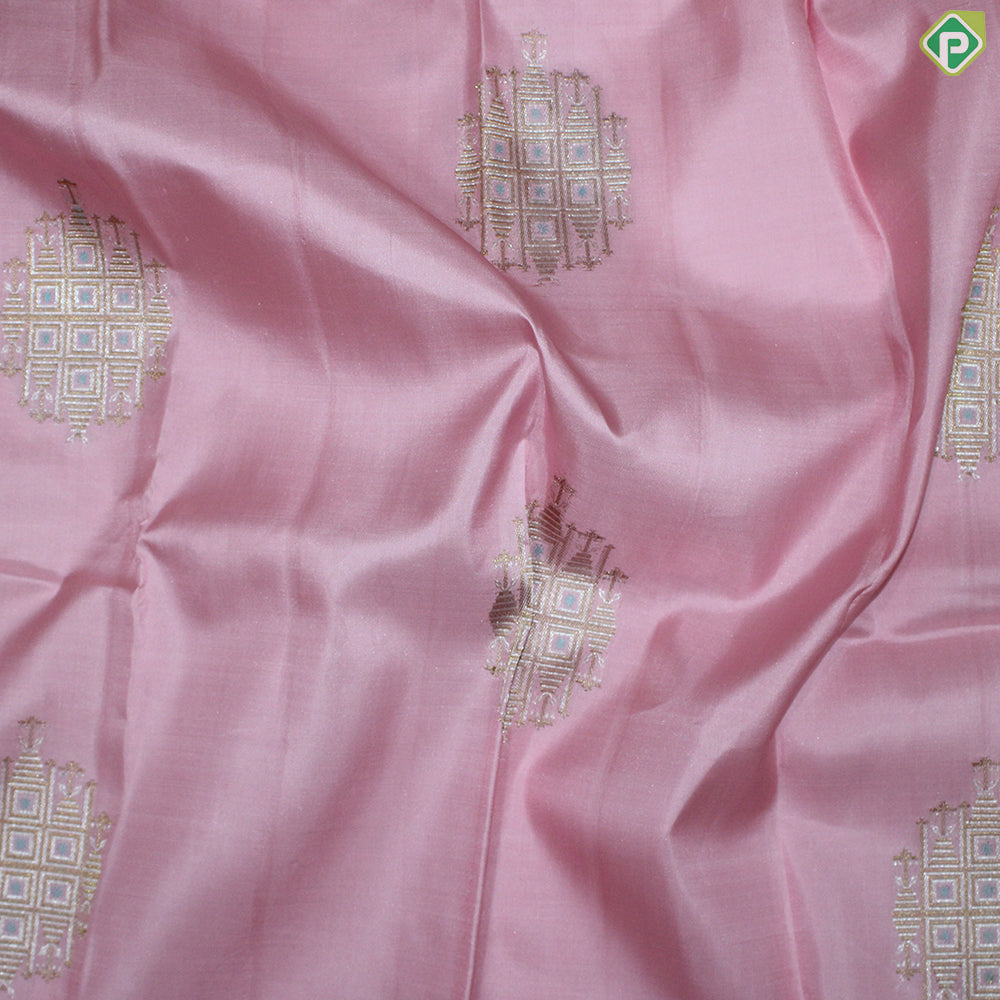 Peach Pink Gold Zari Motif With Mayilkan Design Gold And Silver Traditional Silk Saree