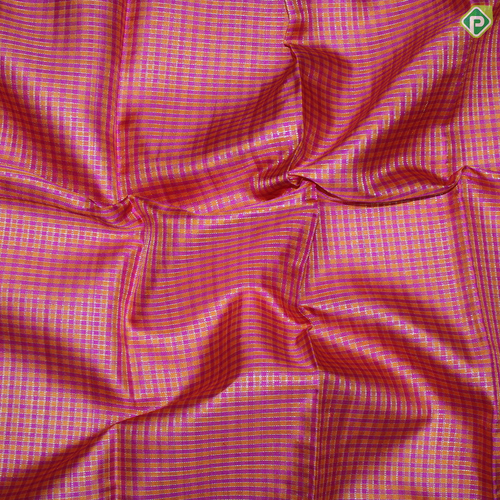 Fanta Orange And Pink Color Checked Gold Zari With Green Color Peacock Design Border Traditional Silk Saree