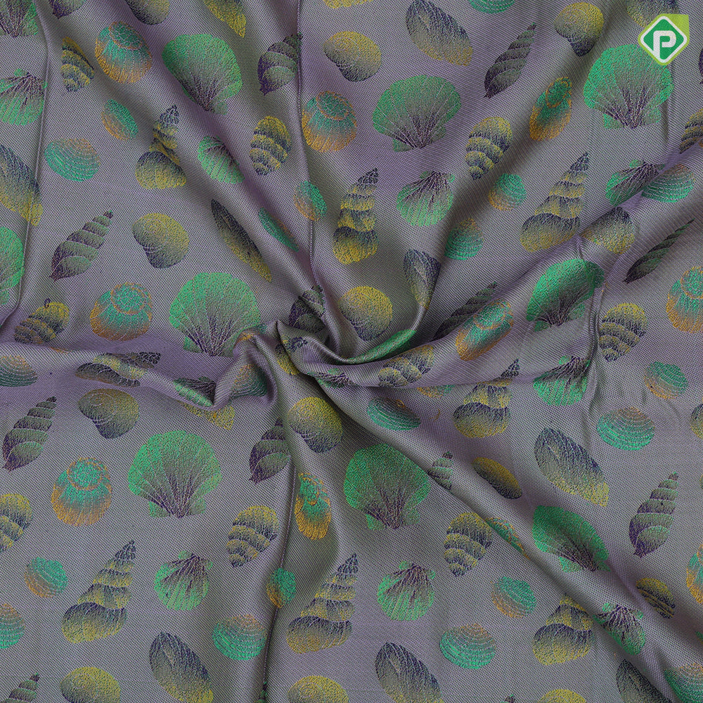 Lavender base multi color sea shells design rexona green gold zari mango butta border trendy designer silk saree