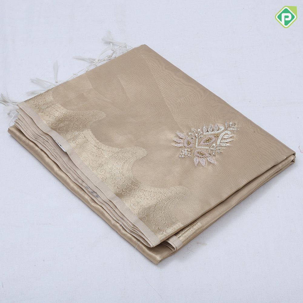 Pastel shade tissue Aari work flower design self gold zari cut border trending fancy tissue saree
