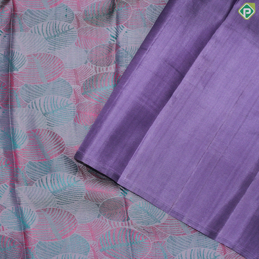 Gray Color Tree Design Gold And Silver Zari With Baby Pink Border Trendy Silk Saree