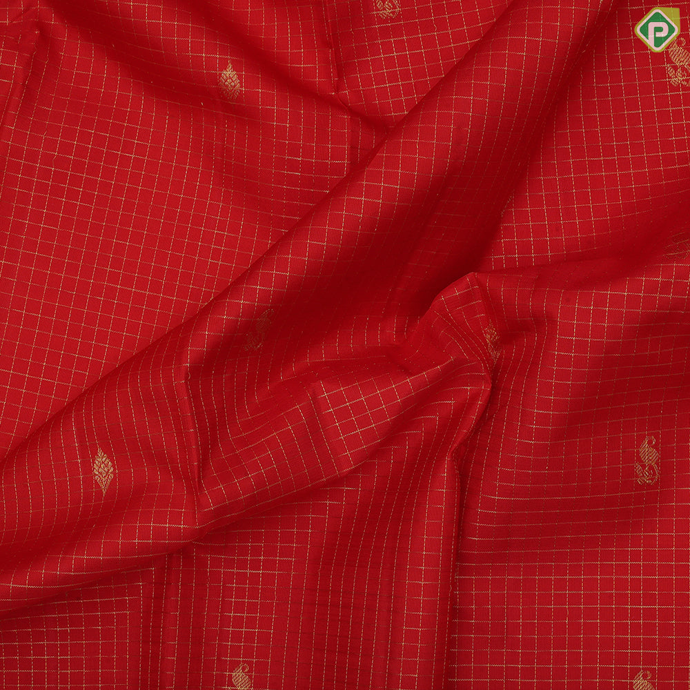 Rani red gold zari checked fancy butta self gold zari peacock butta border traditional silk saree
