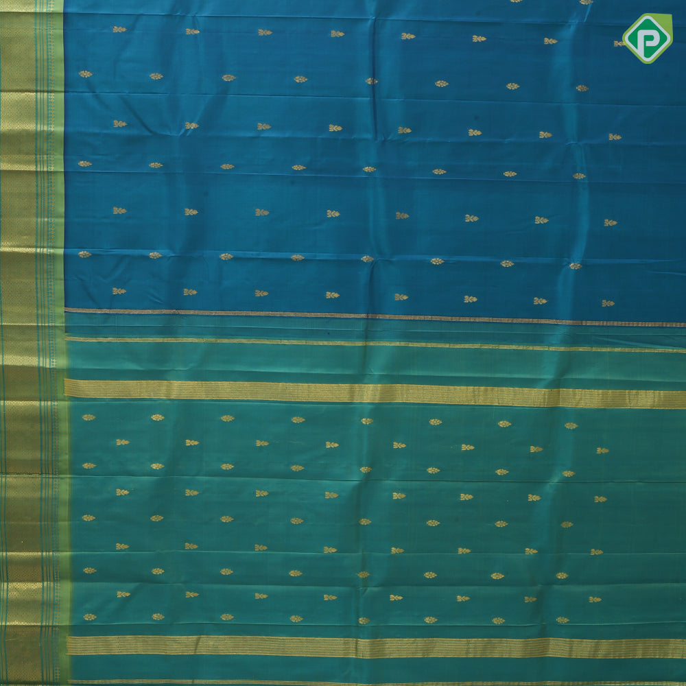 peacock blue gold zari fancy butta contrast green gold zari one side border silk saree