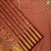 Maroon gold zari thread work double peacock design self gold zari floral bavanji border grand silk saree