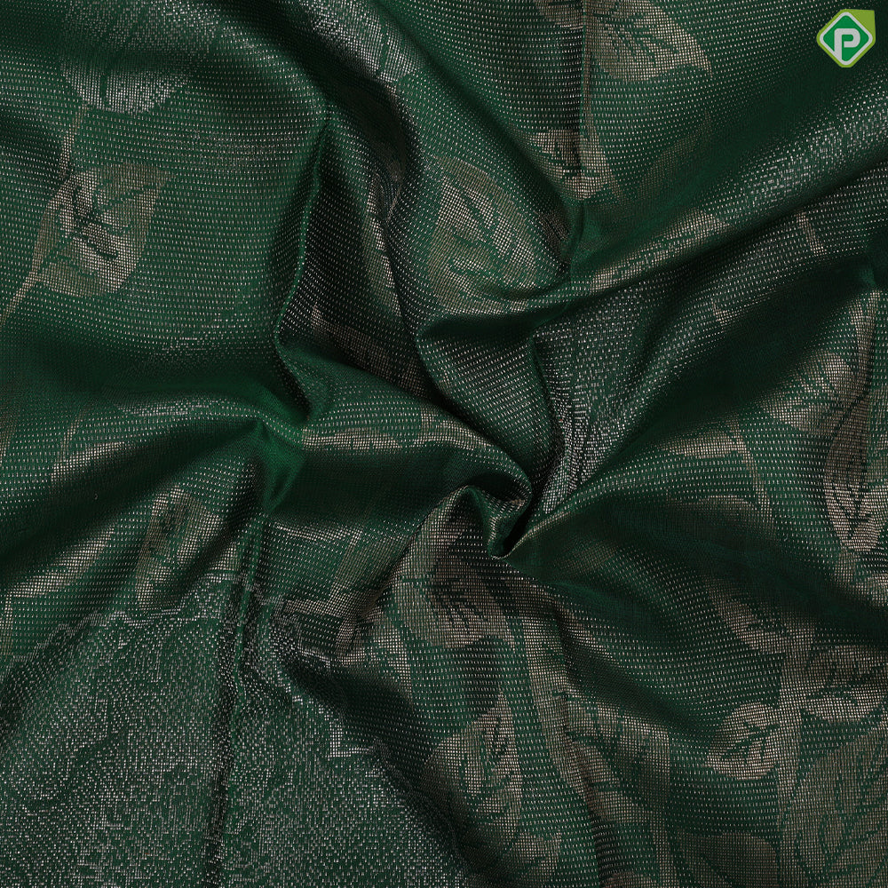 Bottle green silver and gold zari big floral with leaves design self gold zari border trendy designer silk saree