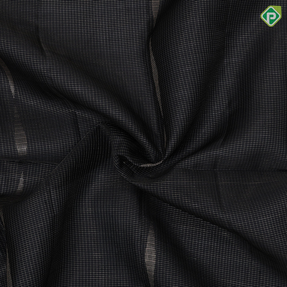 Black with silver zari micro checks and diamond shape borderless grand pallu soft silk saree