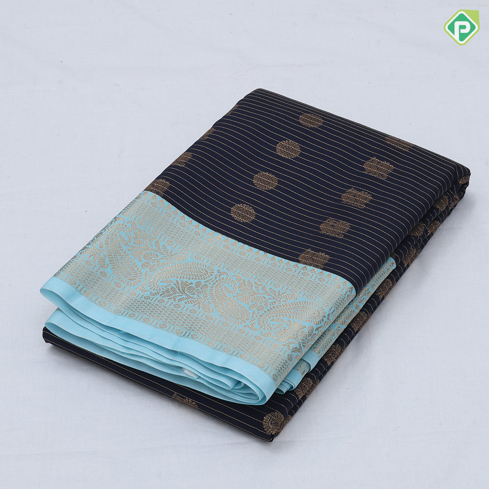 Chocolate brown gold zari peacock chakkaram butta stripes sky blue gold zari mango butta border art silk saree