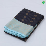 Chocolate brown gold zari peacock chakkaram butta stripes sky blue gold zari mango butta border art silk saree