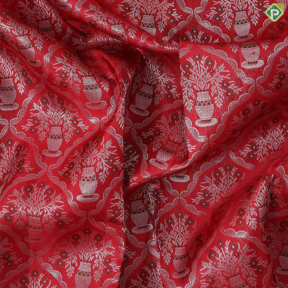 Chilly Red silver zari meena work pots into checks design self gold zari meena work border exclusive wedding silk saree