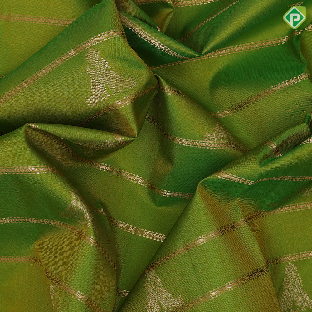 parrot green gold zari velthari lines double peacock butta rani red gold zari meena work border traditional silk saree