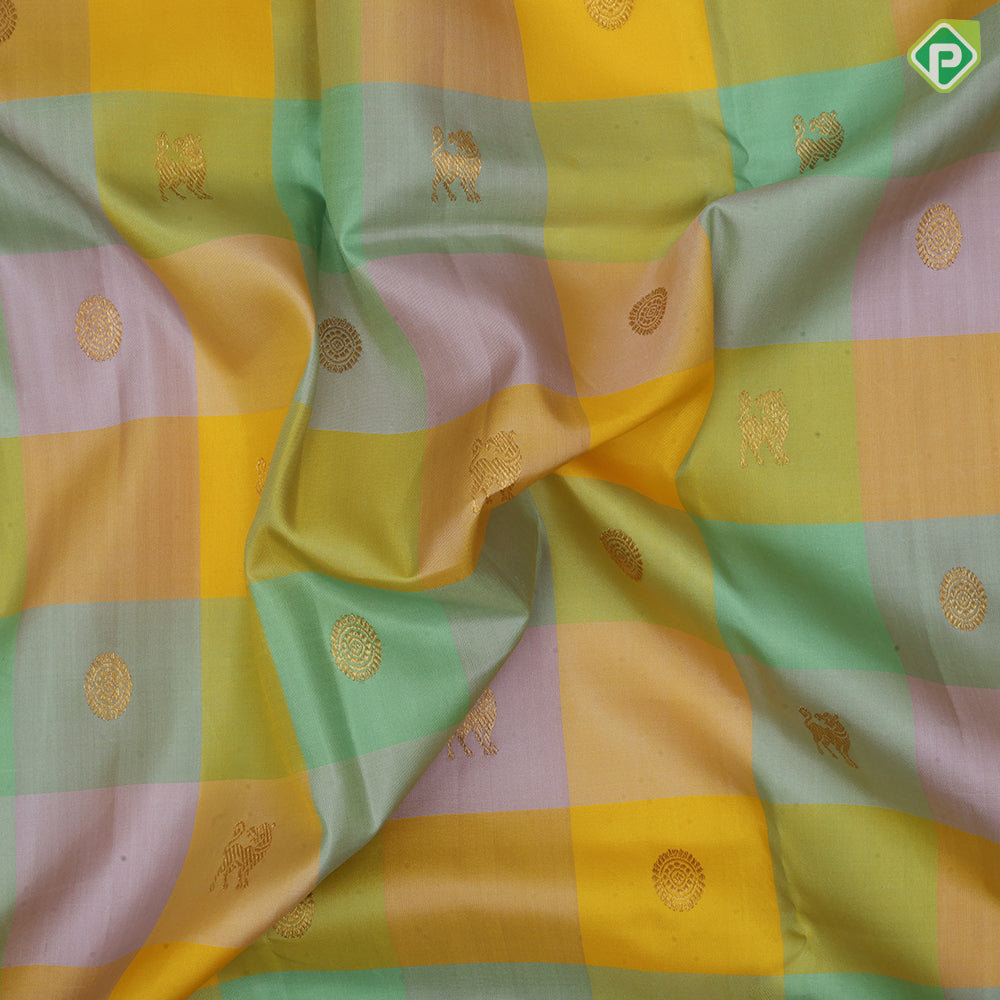 Multi colour Checks gaja Yaali and chakkaram butta self gold zari zig zag border traditional silk saree