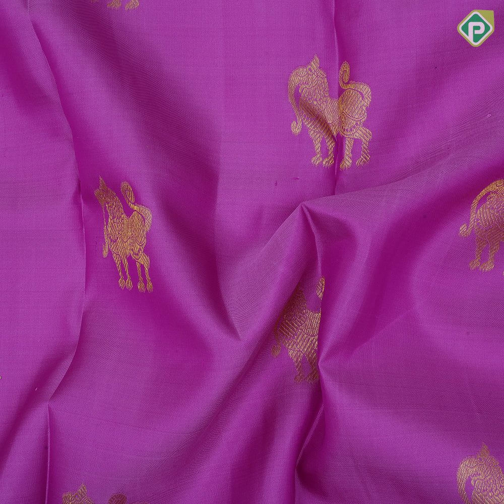 Pink Gold Zari Yali Butta Design Purple Elephant Peacock Border Design Traditional Silk Saree