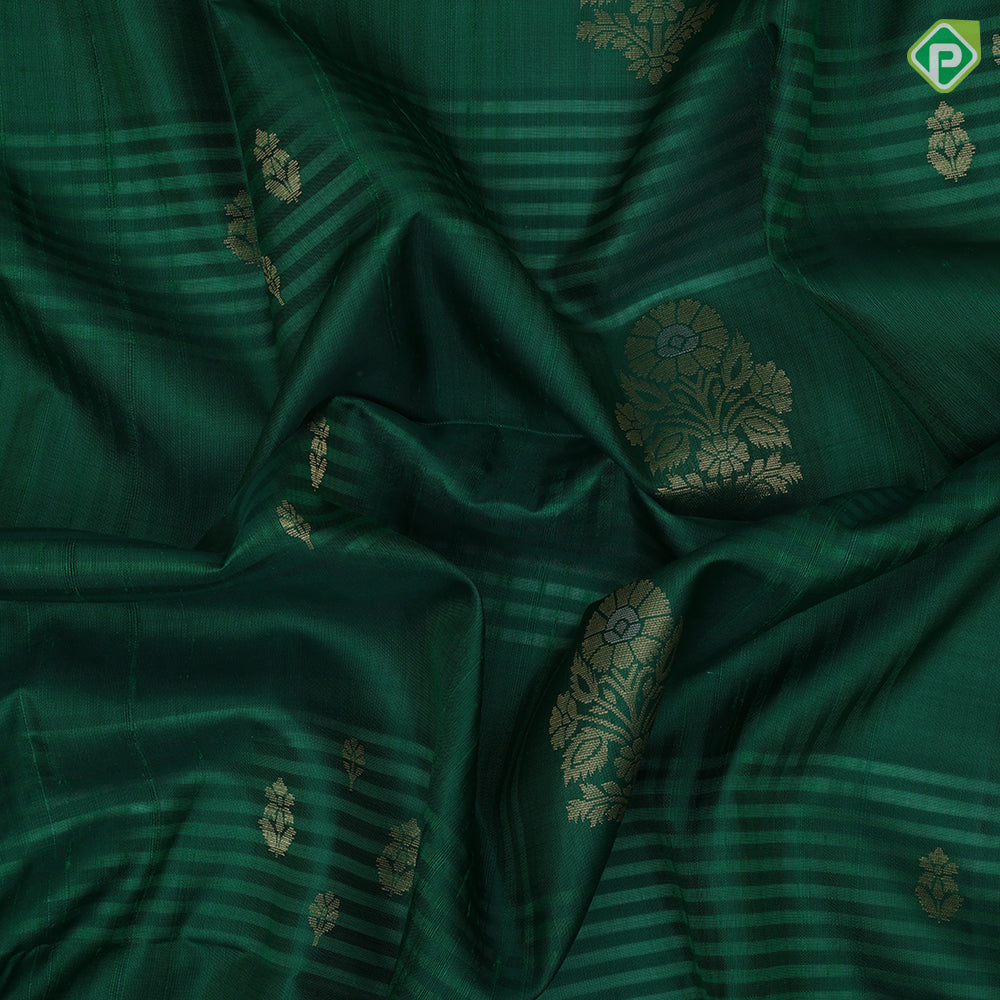 Purple blue gold zari flower bunch design contrast pallu and gold zari border soft silk saree