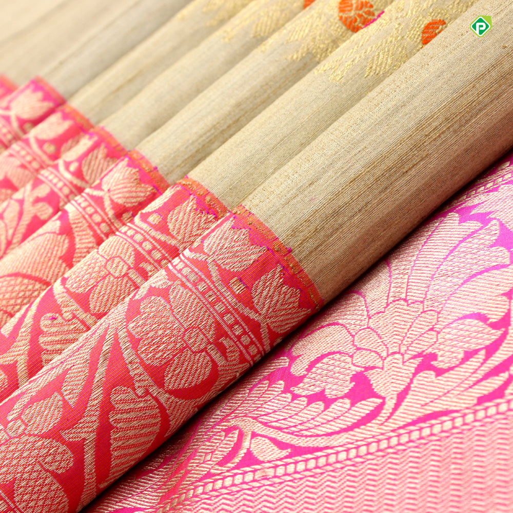 Beige With Peach Orange Colour Big Flower Motifs Banaras Silks Saree